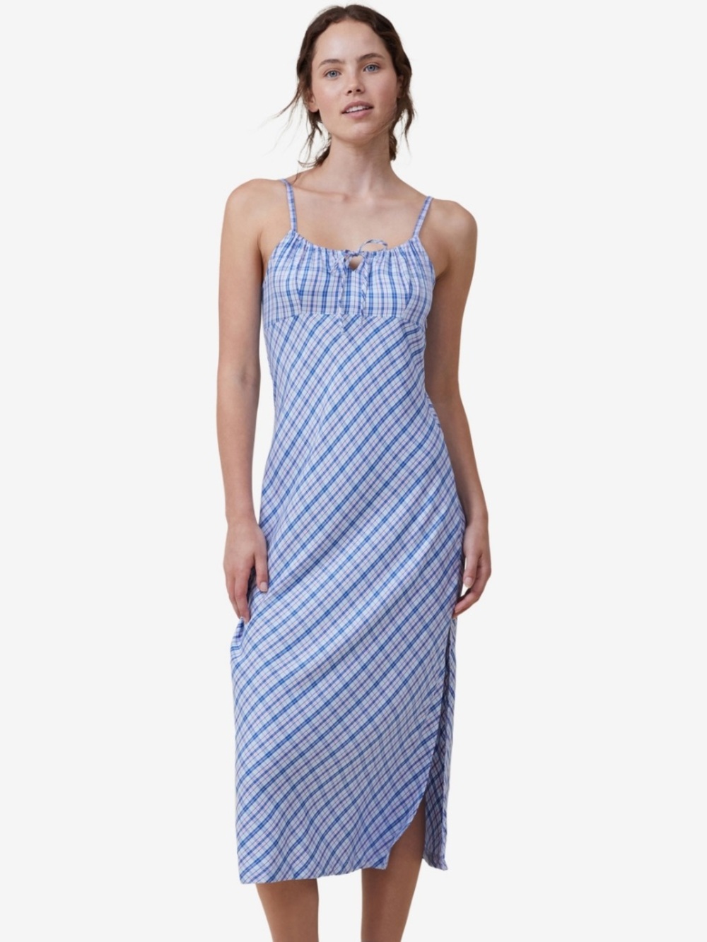 Cotton On Reece Midi Slip Dress Shoreline Blue Plaid Spaghetti-Strap Y2K Size L